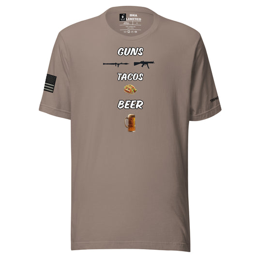 BNA LTD guns tacos beer T shirt